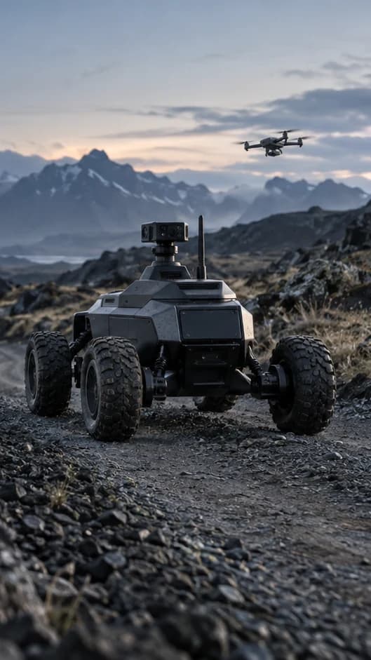 Rover autónomo de Alize recorriendo una pista en terreno rocoso al atardecer mientras un dron sobrevuela el perímetro.
