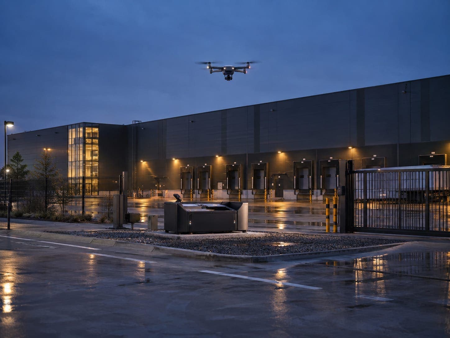 Dron de Zel sobrevolando su estación de carga en el exterior de una nave logística al anochecer.